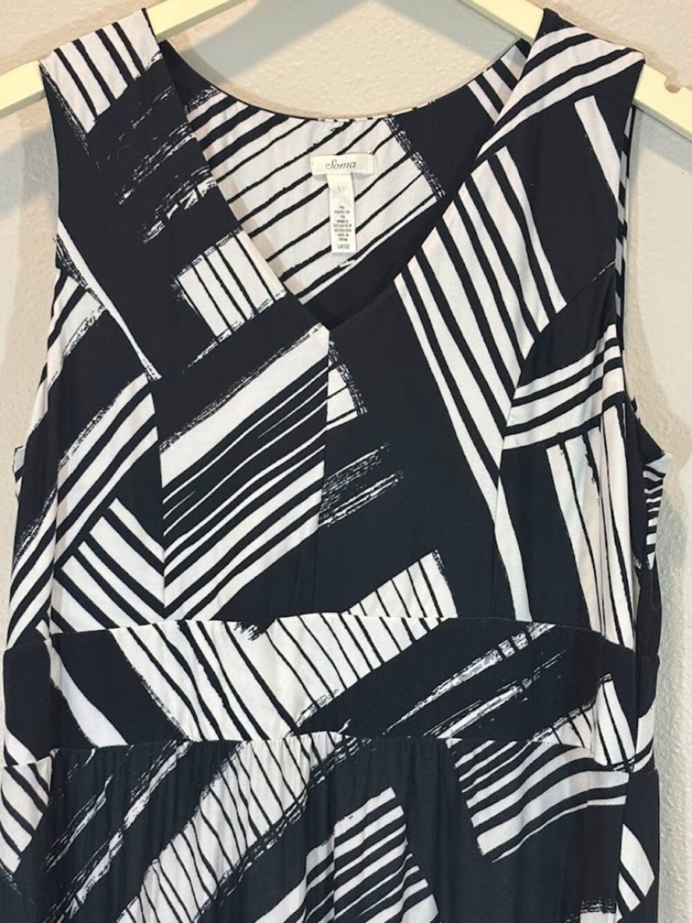 Soma Maxi Dress Black/White Brushstroke Striped Sz L Super Soft Stretch